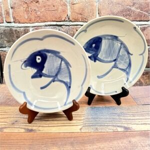 Vintage Chinese Koi Fish Carp Bowl Set Pair Hand-painted Blue White MCM